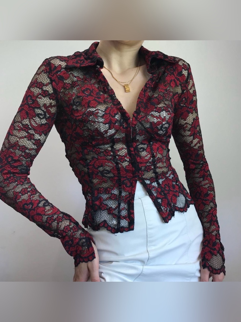 Victorian gothic century red and black floral lace top